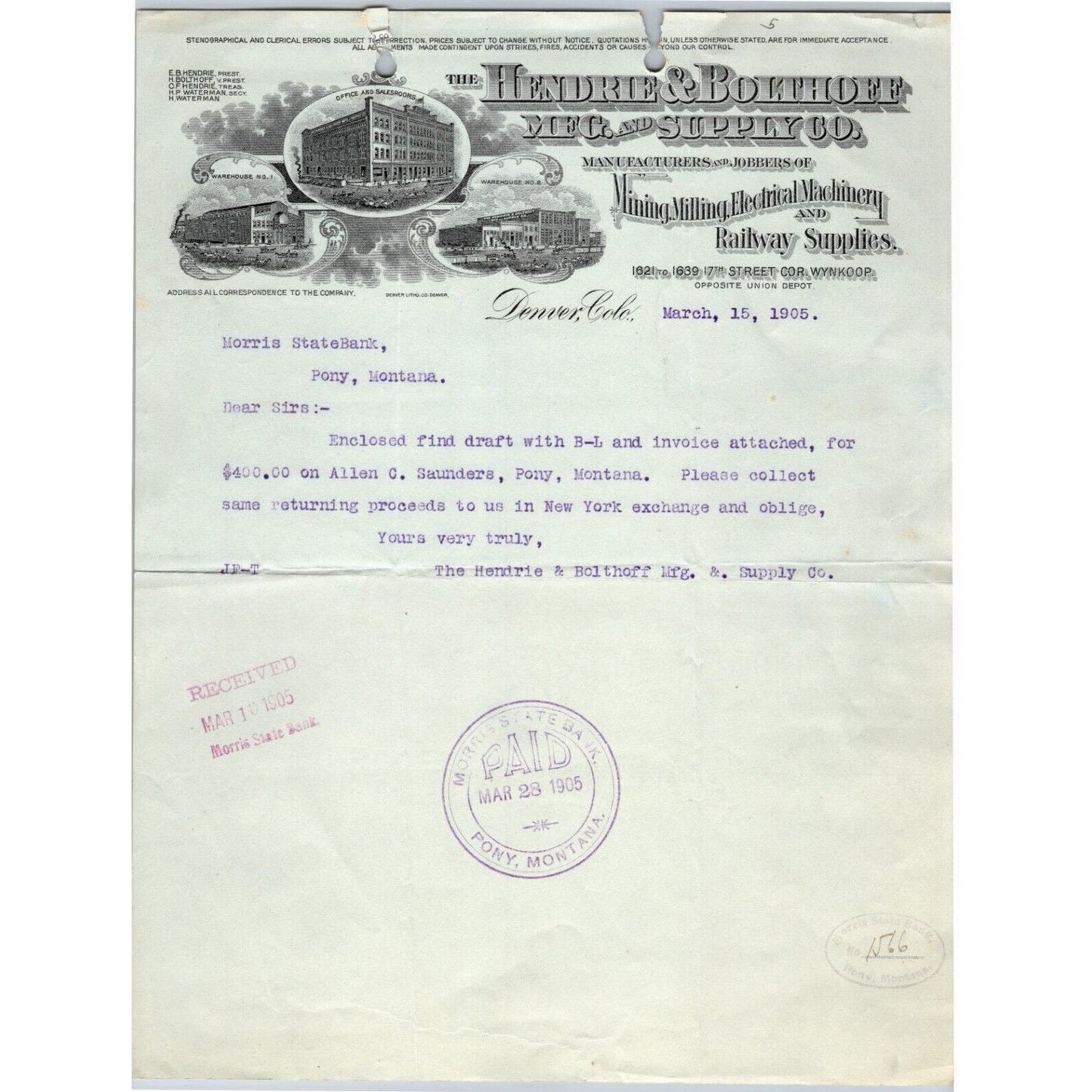 1905 Hendrie & Bolthoff Mfg. and Supply Co. Denver, CO Letterhead Mining Railway