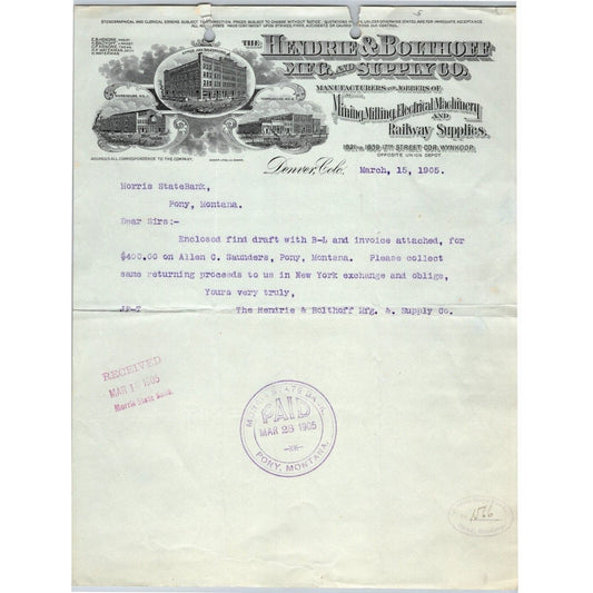 1905 Hendrie & Bolthoff Mfg. and Supply Co. Denver, CO Letterhead Mining Railway