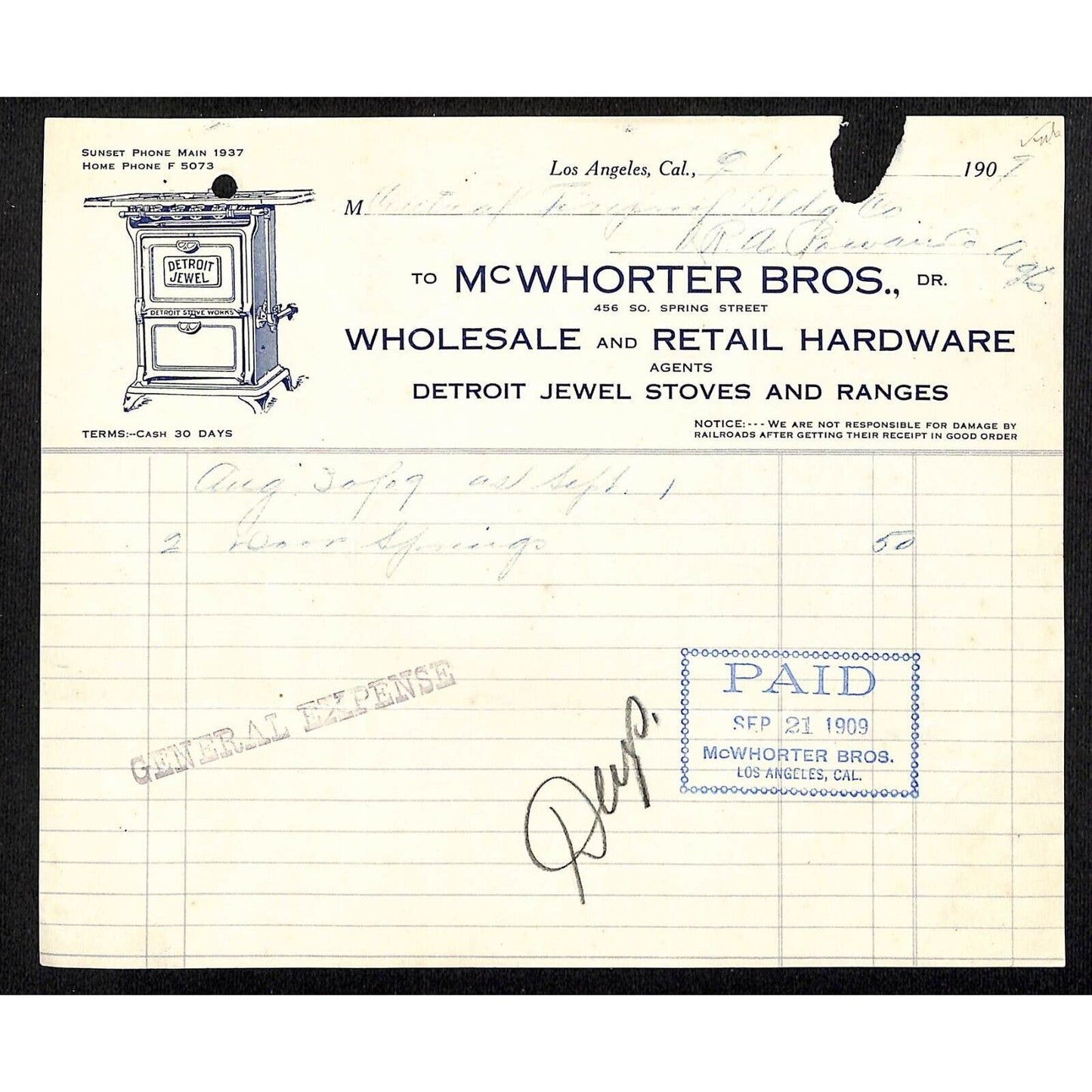 Los Angeles McWhorter Bros Hardware Detroit Jewel Stoves 1909 Billhead