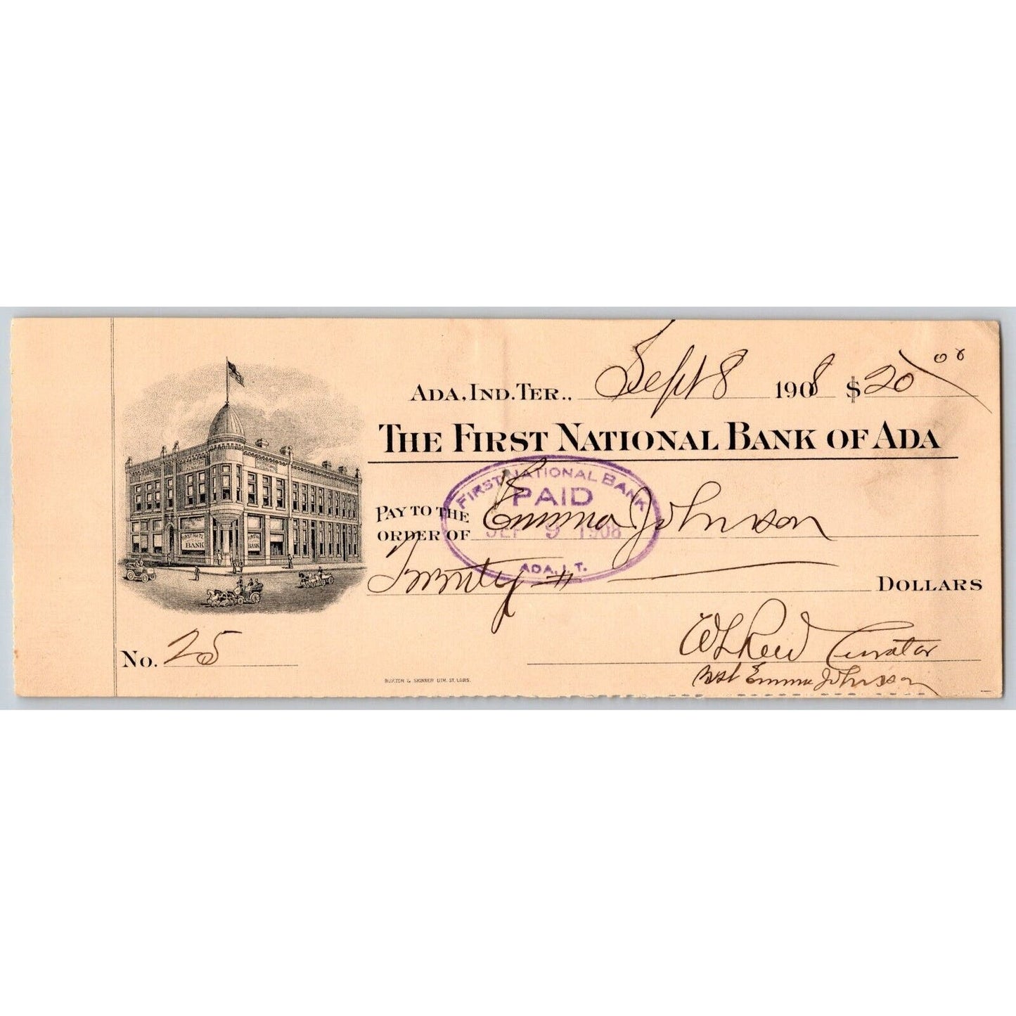 Ada, Oklahoma 1908 Indian Territory* First National Bank Check Vignette - Scarce