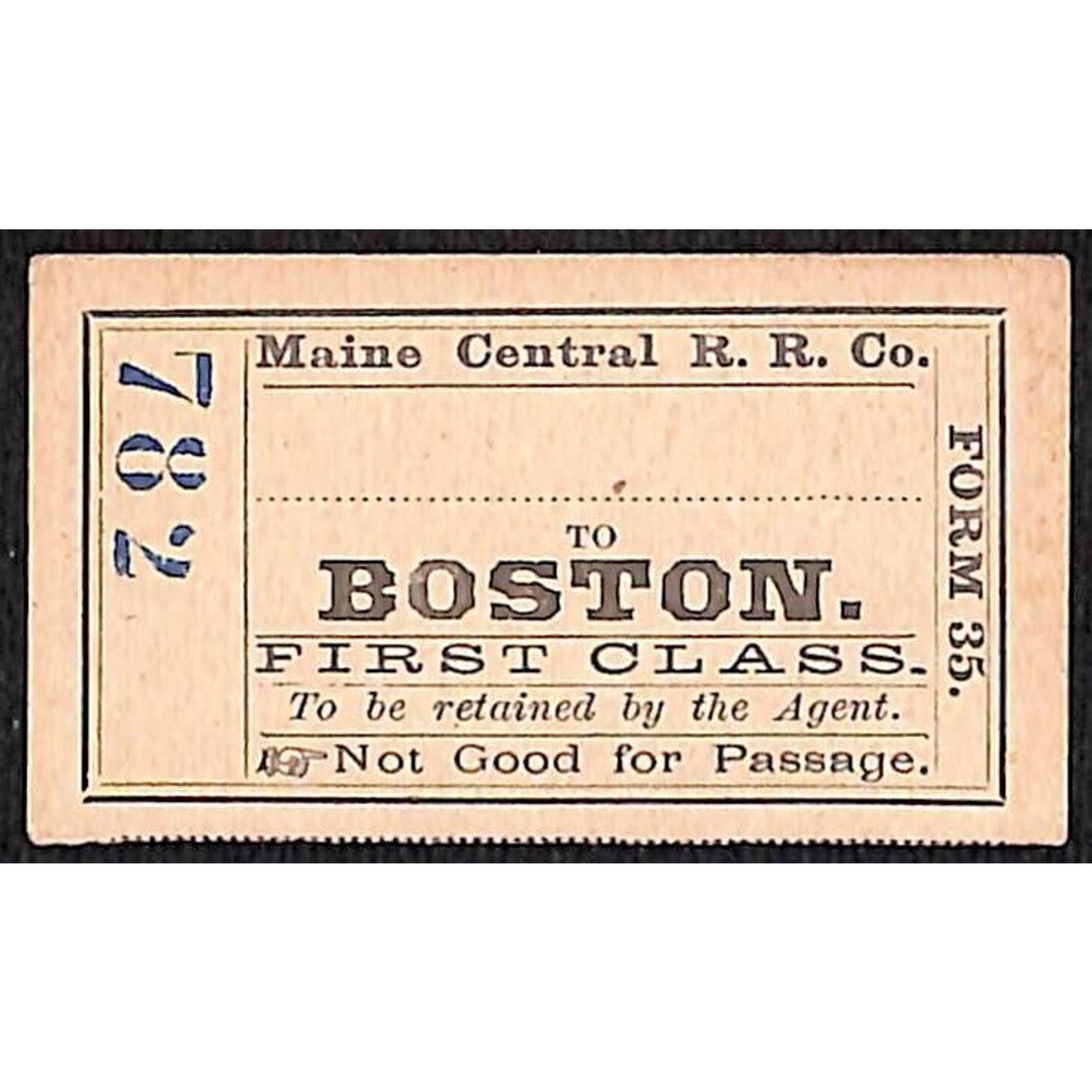 c1910-20 Maine Central Railroad Ticket MEC Write in to Boston First Class #782