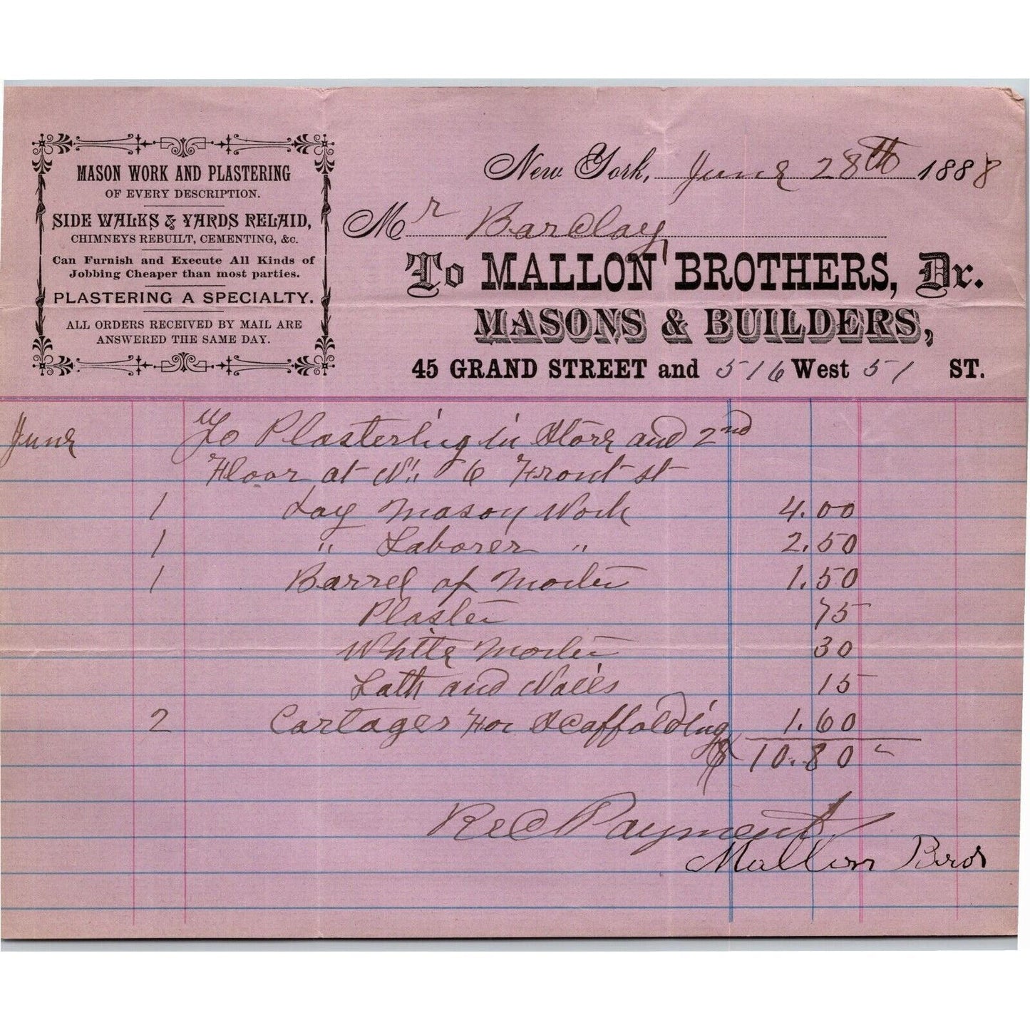 1888 Mallon Brothers Masons Letterhead Billhead Grand St & W 51st St NYC
