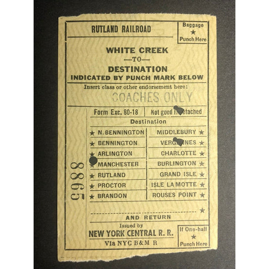 1953 Rutland Railroad / NY Central RR White Creek to Check / Ticket #8865