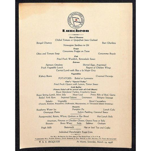 1938 Clyde-Mallory Iroquois Cruise Line Mar 19 Luncheon Menu