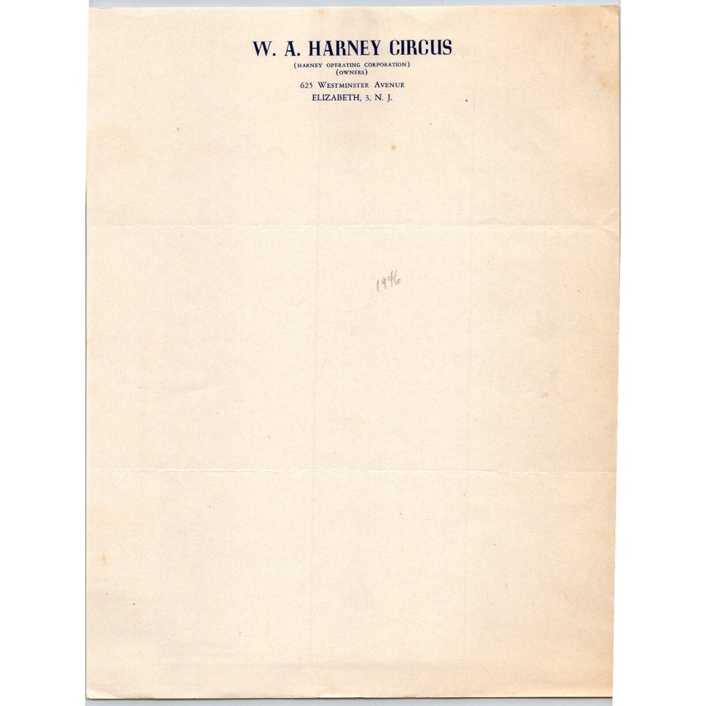 W. A. Harney Circus Letterhead c1946 Elizabeth, NJ Scarce