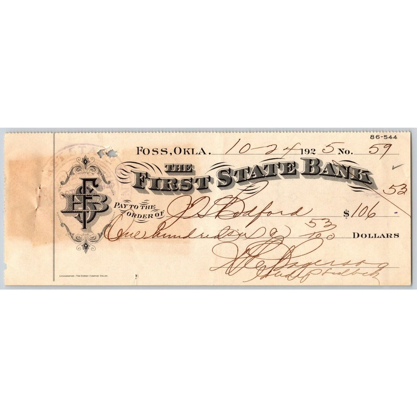 Foss Oklahoma 1925 Foss First State Bank Check Very Scarce