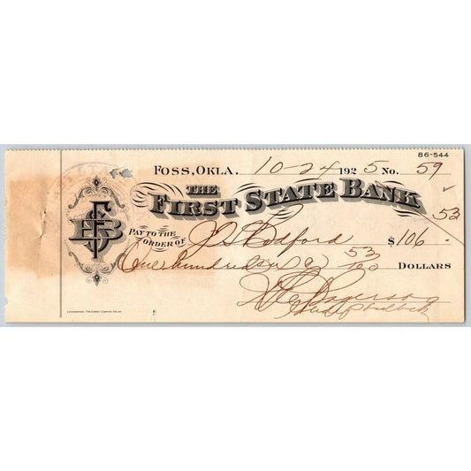 Foss Oklahoma 1925 Foss First State Bank Check Very Scarce