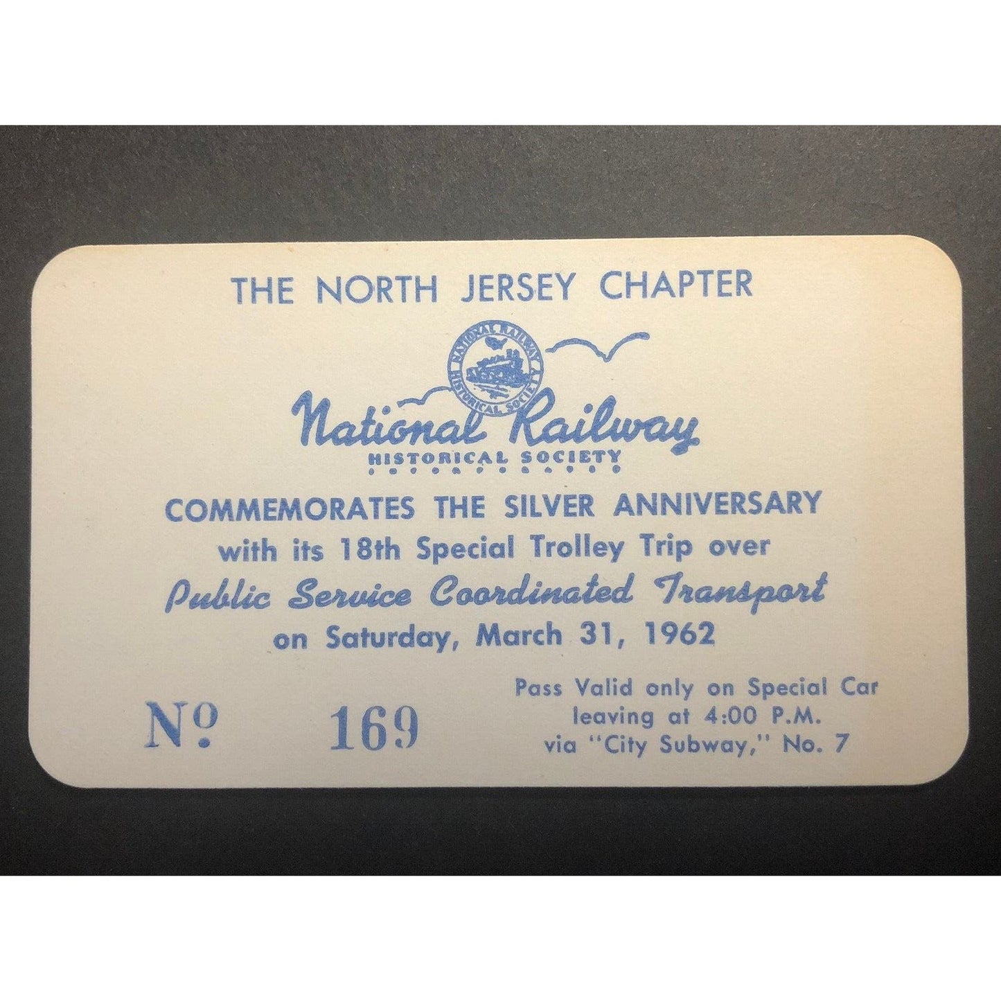 National Railway Historical Society NJ Chapter 1962 Trolley Trip Ticket - VGC