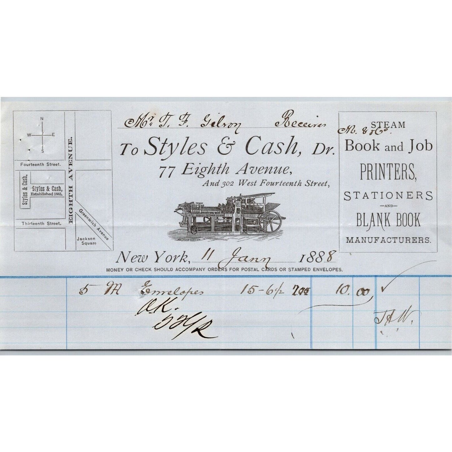 1888 Styles & Cash Steam Printers Stationers Billhead Letterhead 77 8th Ave NYC