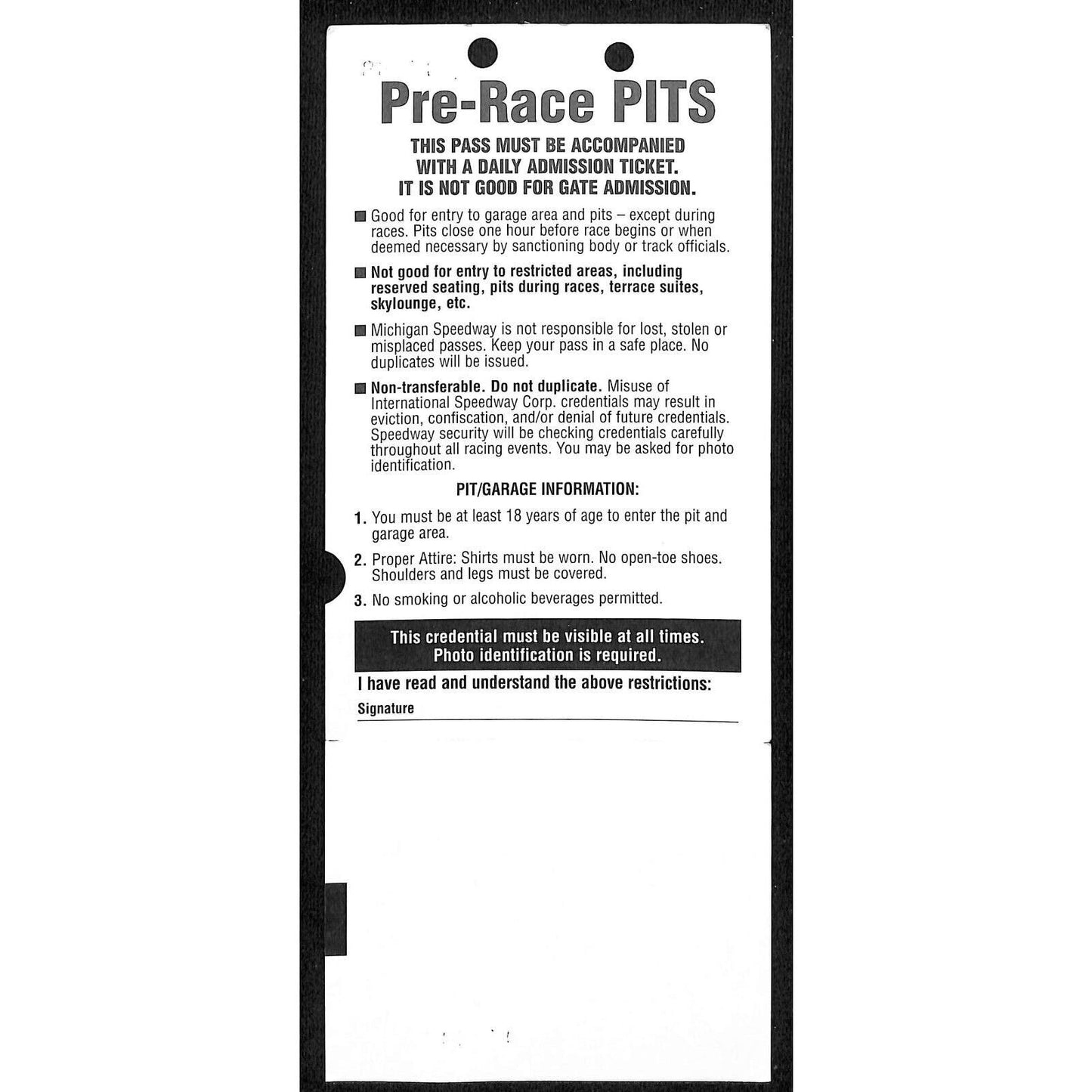 2000 Michigan 500 Pre-Race Pit Pass - Unused VGC Foil Checker
