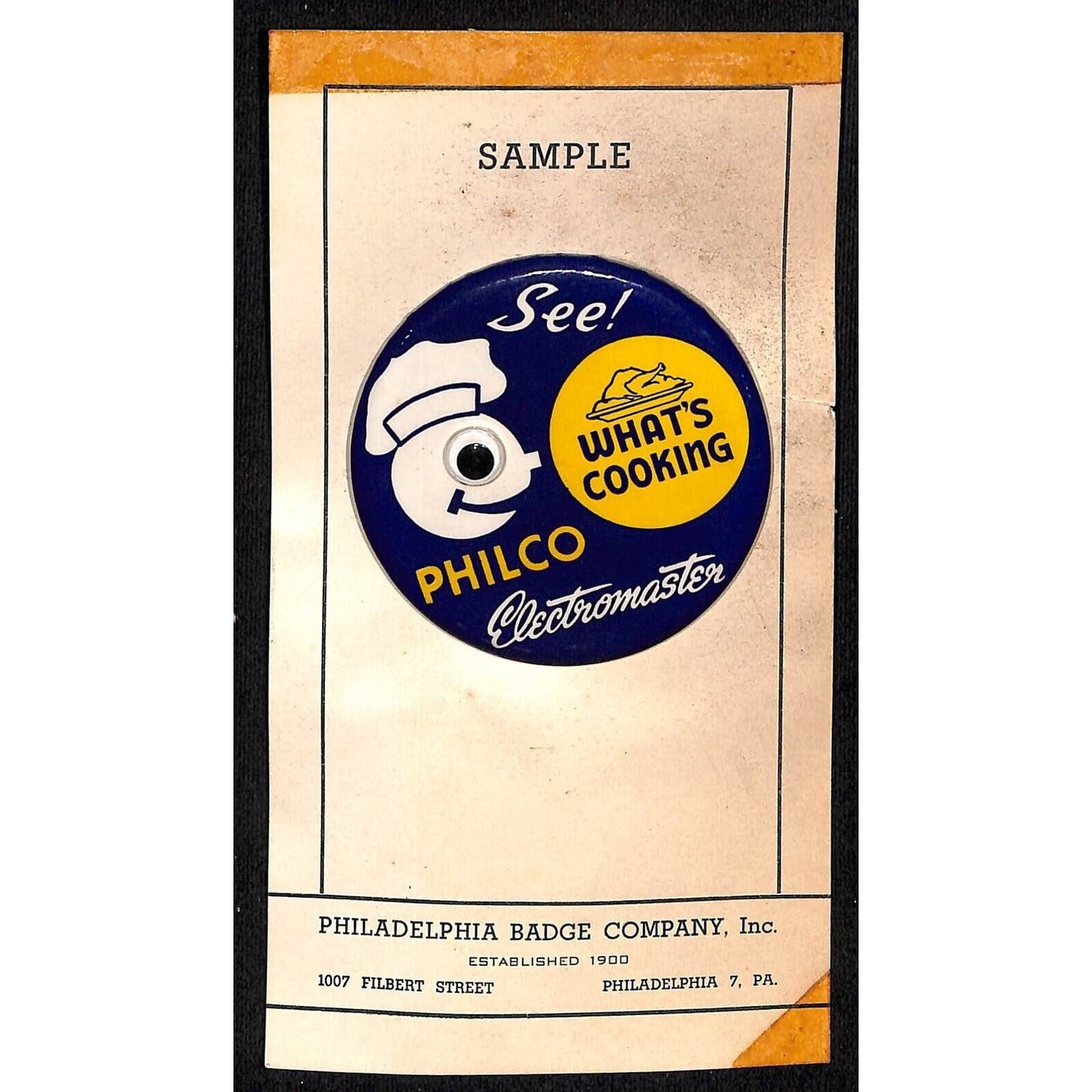 c1950 What's Cooking Philco Electromaster Pinback Catalog Salesman's Sample Card
