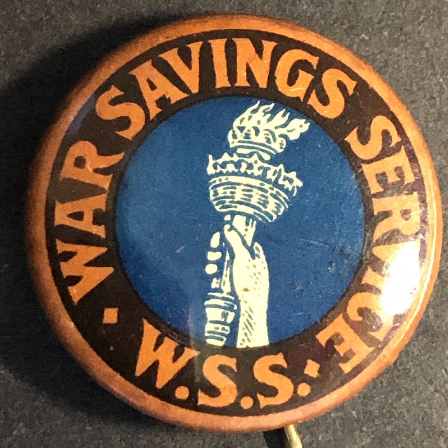 WWI War Savings Service* Liberty Torch Steel Pinback Button W&H Hoag - c1917