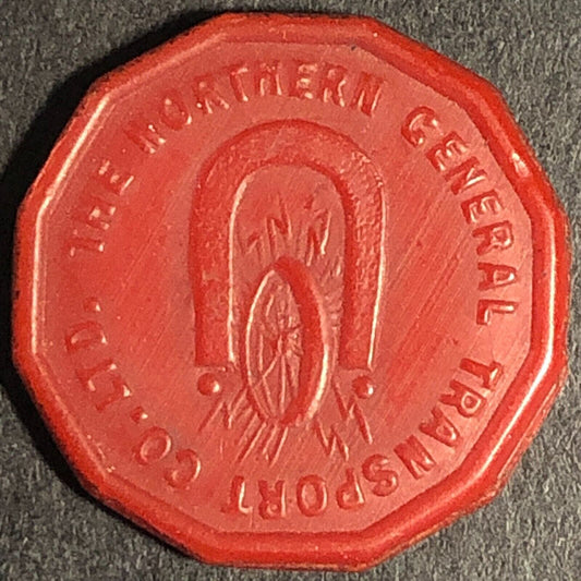 Northern General Transport England Plastic Token Red 1D 21mm c1950's-60's