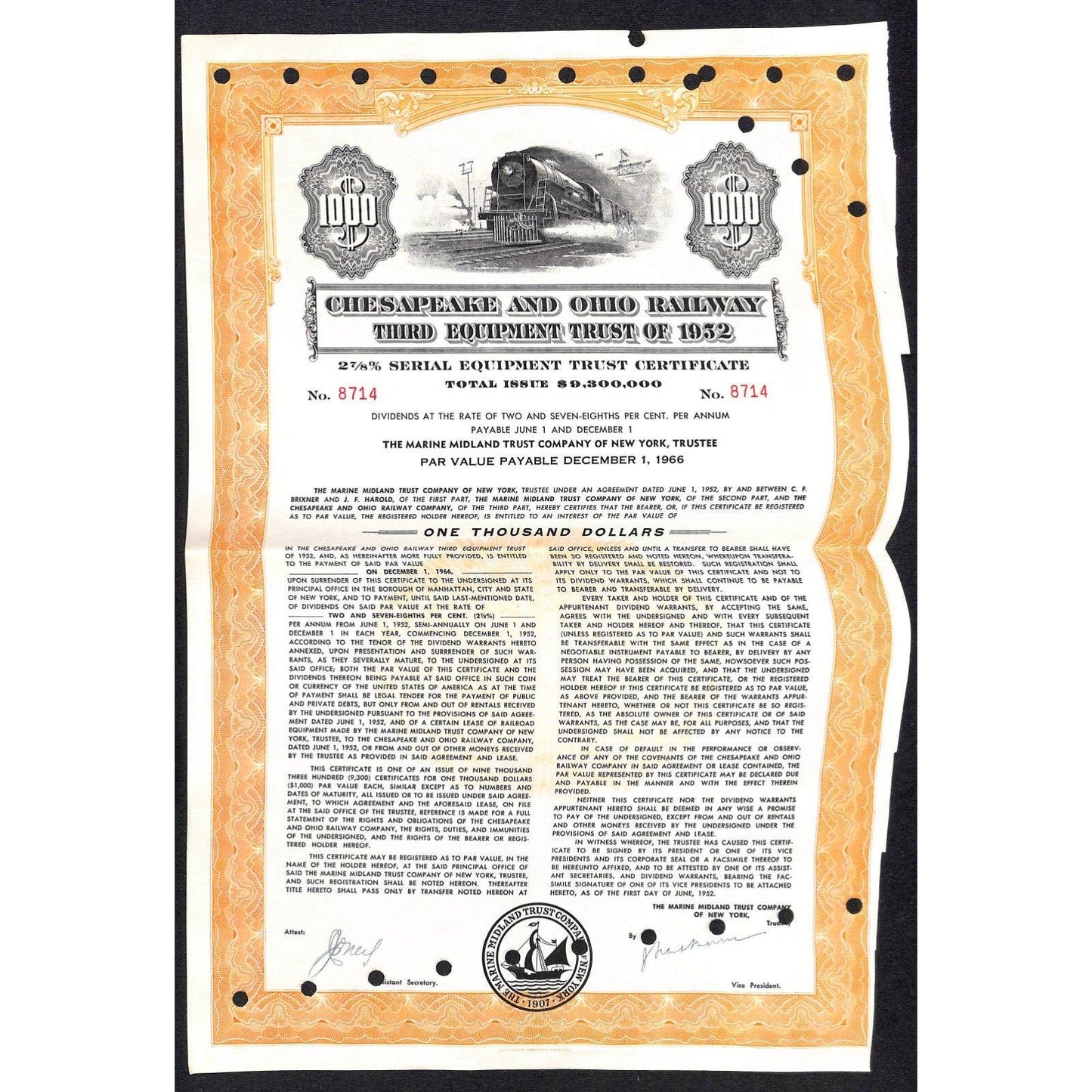 1952 Chesapeake and Ohio Railway $1000 Equipment Trust Certificate #8714