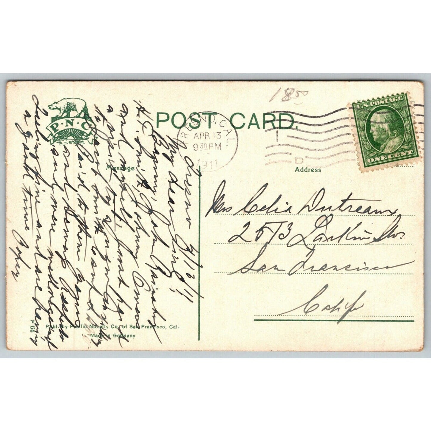 Vintage Postcard "Fountain and Court House, Fresno, Cal." (Pacific Novelty) VGC