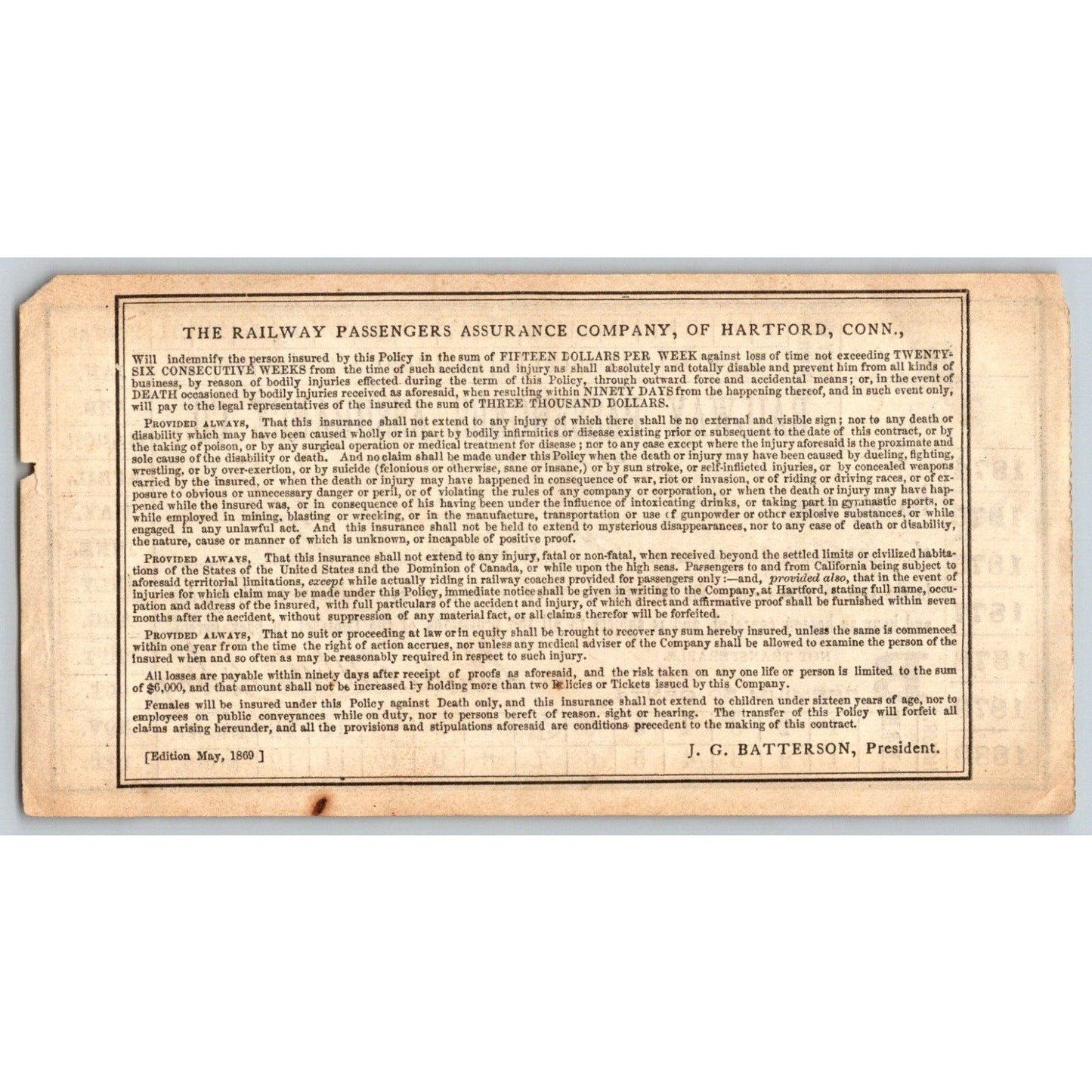 Hartford, CT 1875 Railway Passengers Assurance 2 Day Travel Ins. Policy Scarce