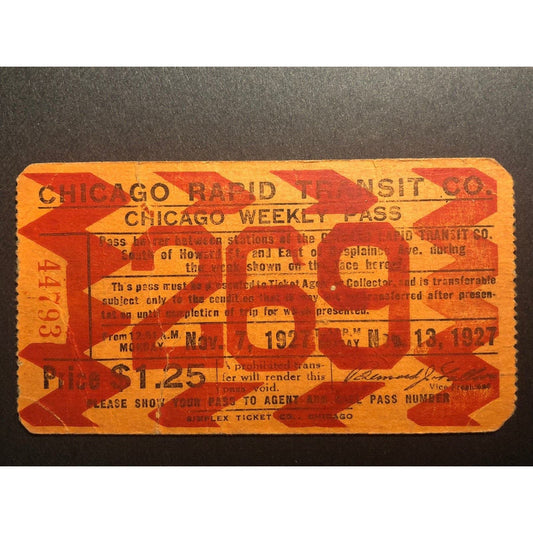 1927 Chicago Transit Authority Weekly Pass Nov. "269"