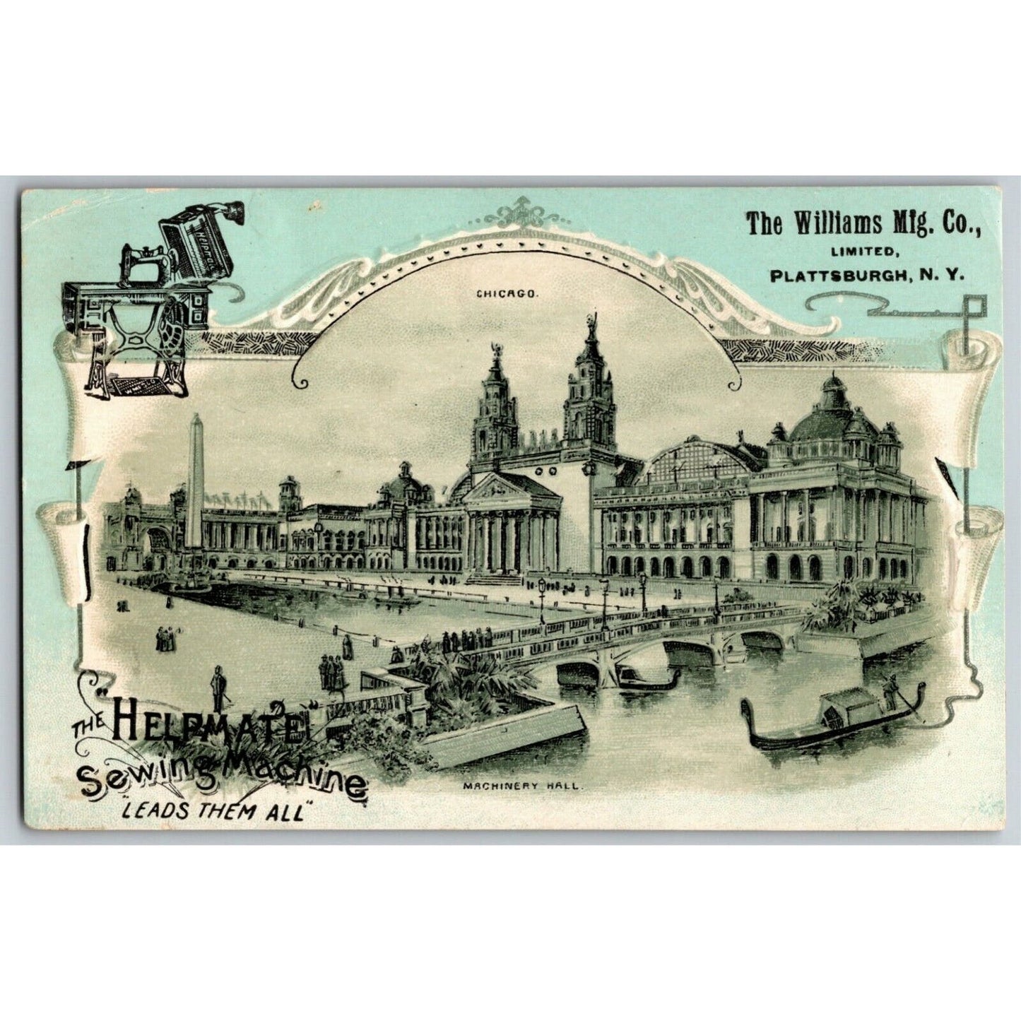 Scarce 1893 Chicago World's Fair Trade Card Williams Helpmate Sewing Machine
