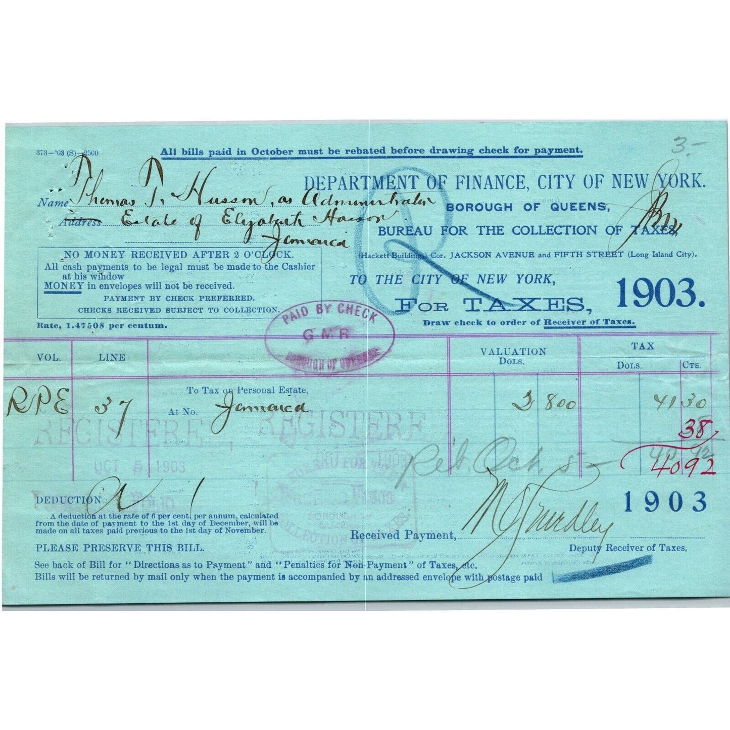 1903 Queens New York Dept of Finance Tax Payment Receipt