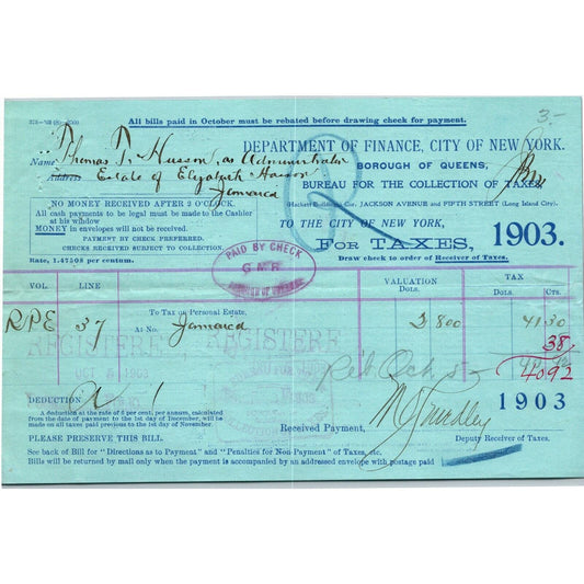 1903 Queens New York Dept of Finance Tax Payment Receipt