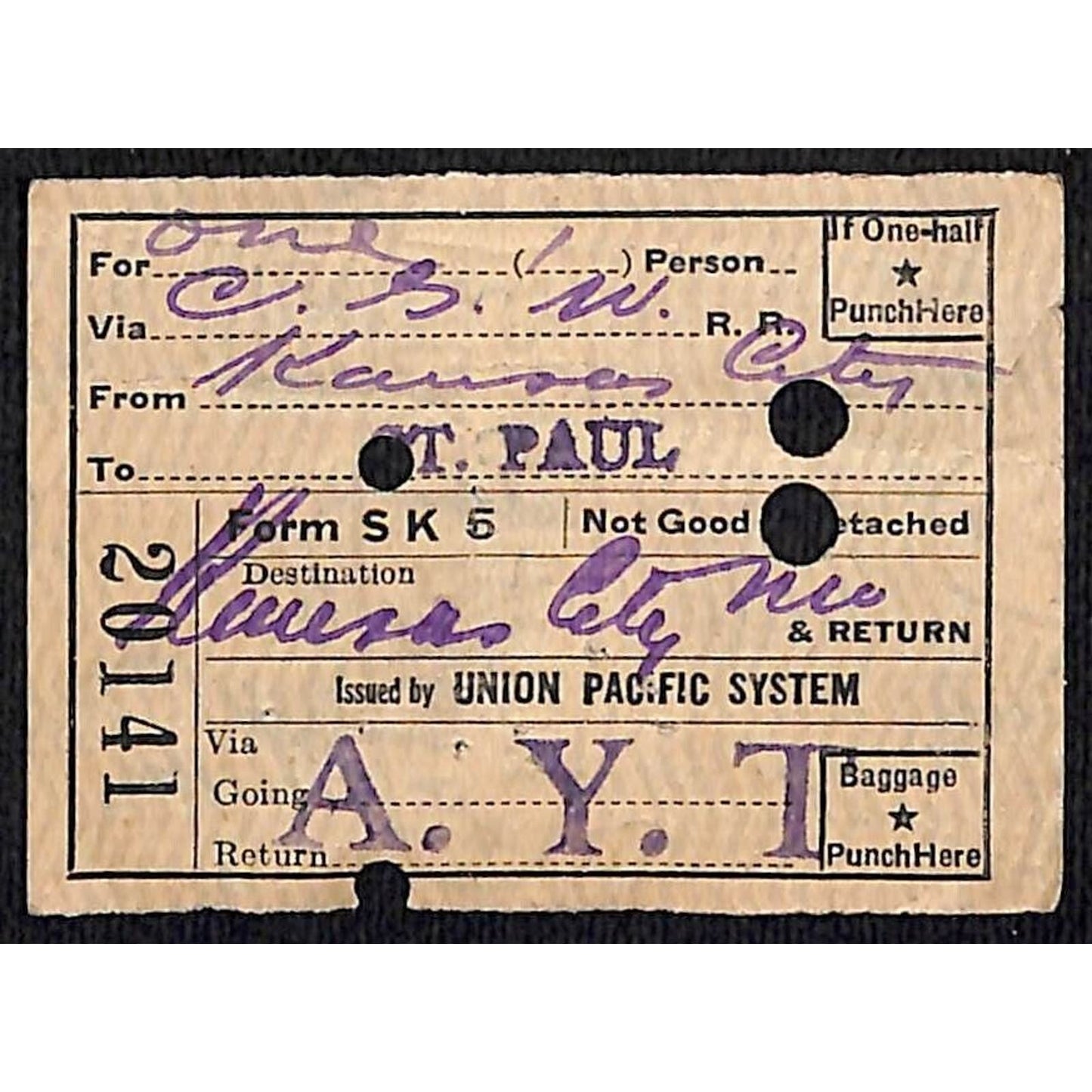 Union Pacific System Railroad 1919 Ticket K.C. to St. Paul A.Y.T. #20141