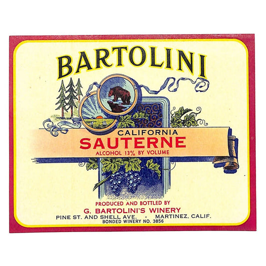 Bartolini California Sauterne Paper Label Martinez, Calif. NOS Scarce VGC
