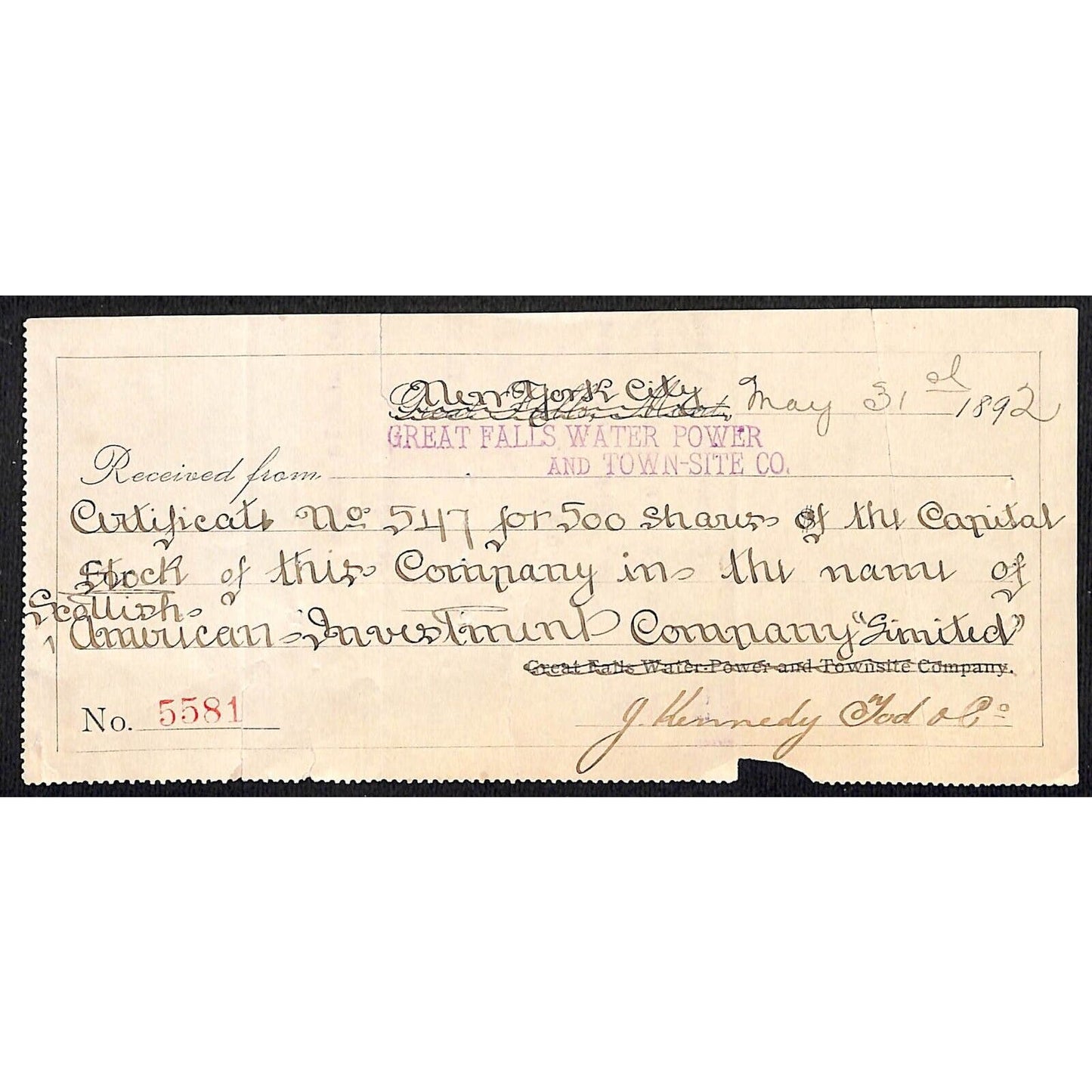1892 Makeshift? Stock Certificate 500 Shares NY / Great Falls Water Power Co.