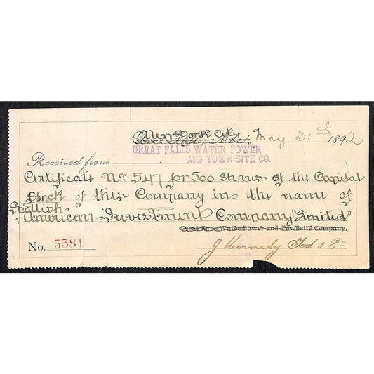 1892 Makeshift? Stock Certificate 500 Shares NY / Great Falls Water Power Co.