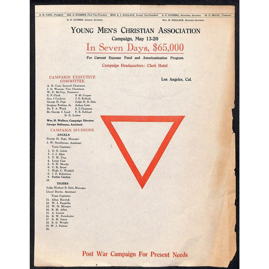 YMCA Los Angeles WWI "Post War Campaign for Present Needs" Letterhead (2 of 4)