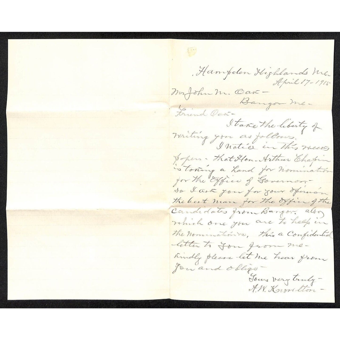 Newburg, ME Amos W. Knowlton* 1915 John M. Oak ALS re: Governor Support List VGC