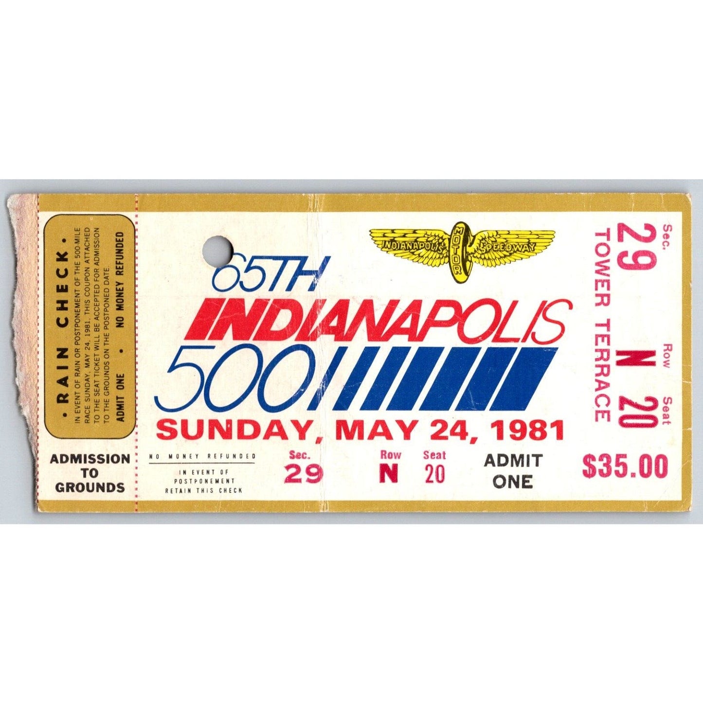 1981 Indy 500 Sec 29 seat 20 Ticket Stub - Ron Burton Estate