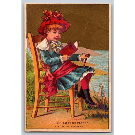 Girl in Chair Reads Book Near Waters Edge Victorian Trade Card Soapine /w Gilt