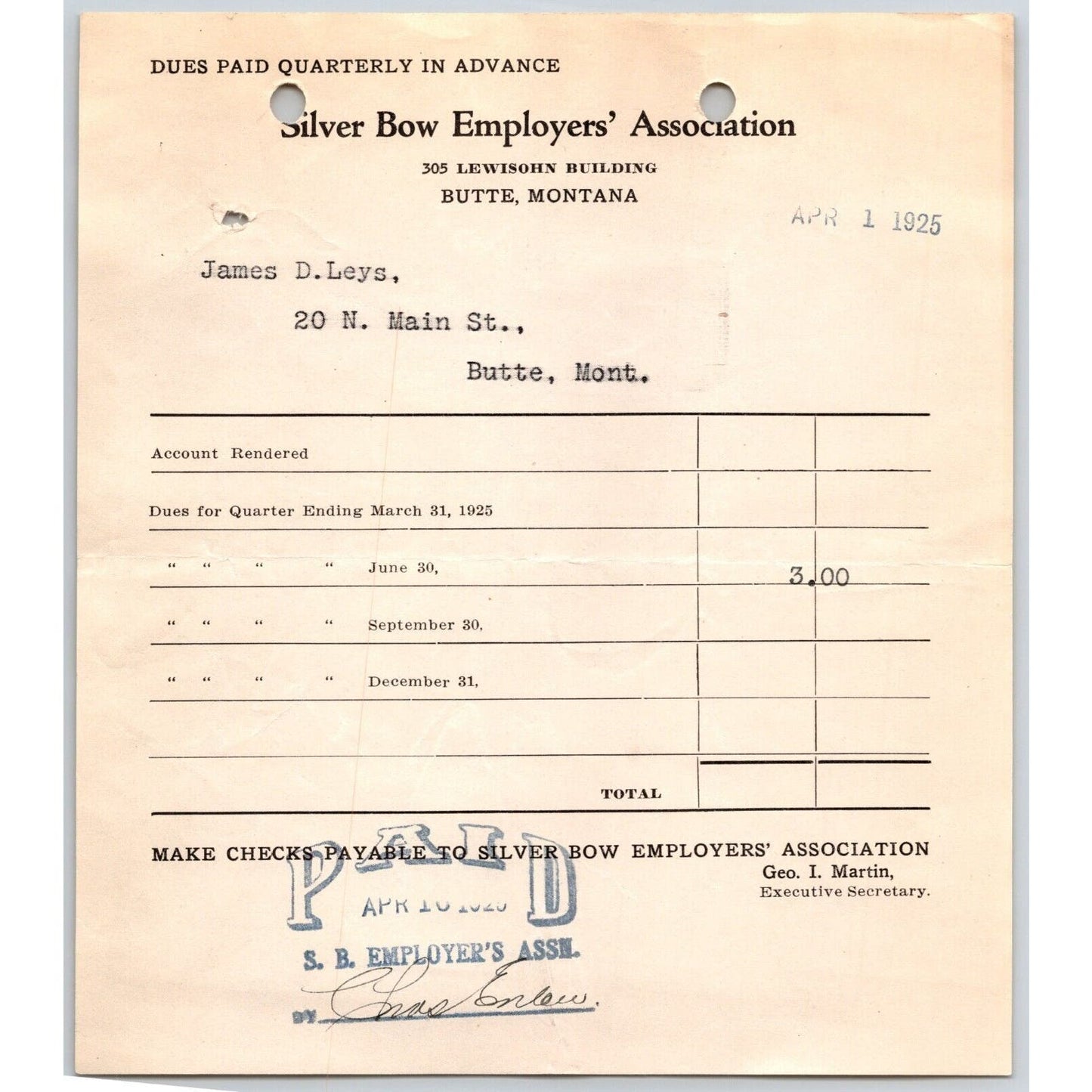 Silver Bow Employers' Association 1925 "Leys" Butte, MT Dues Billhead Receipt