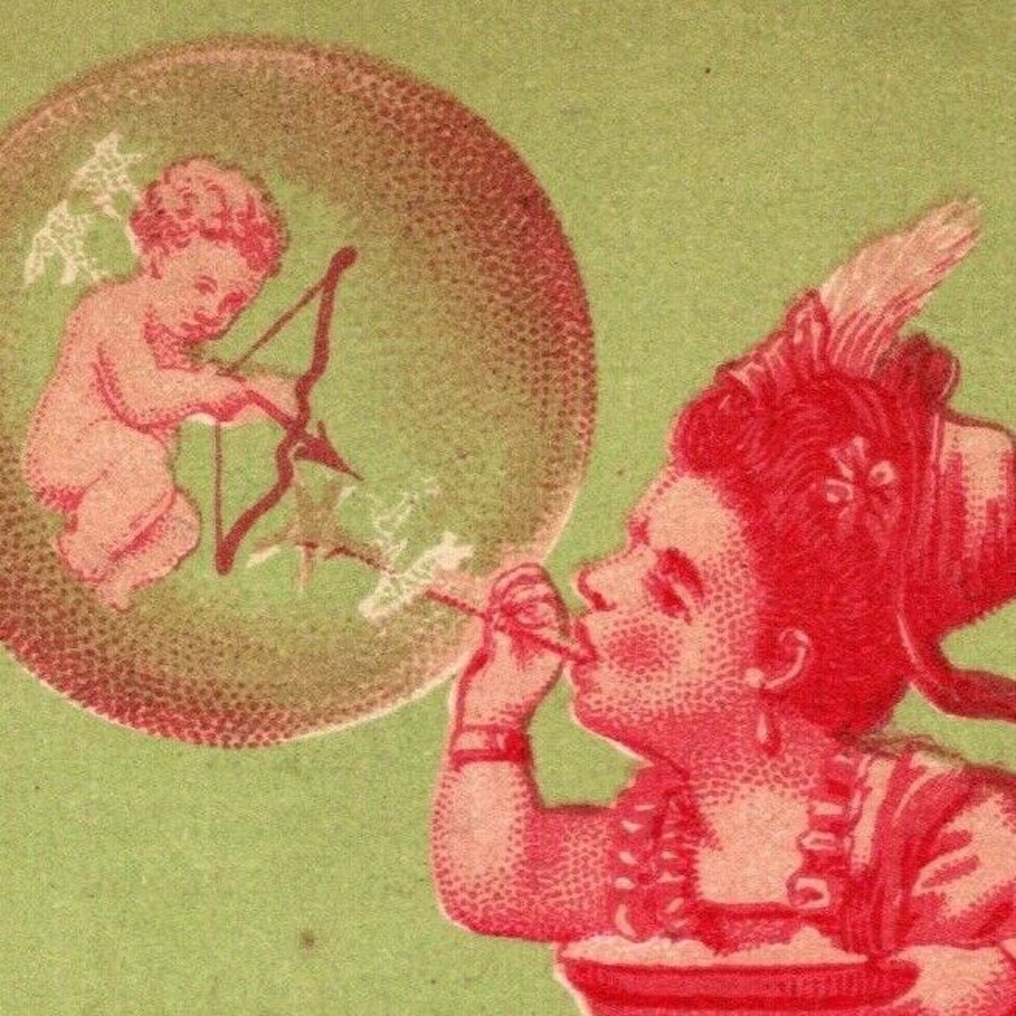 Victorian Trade Card Furnald's Fine Hair Brushes NY - Girl Blows Cupid Bubble