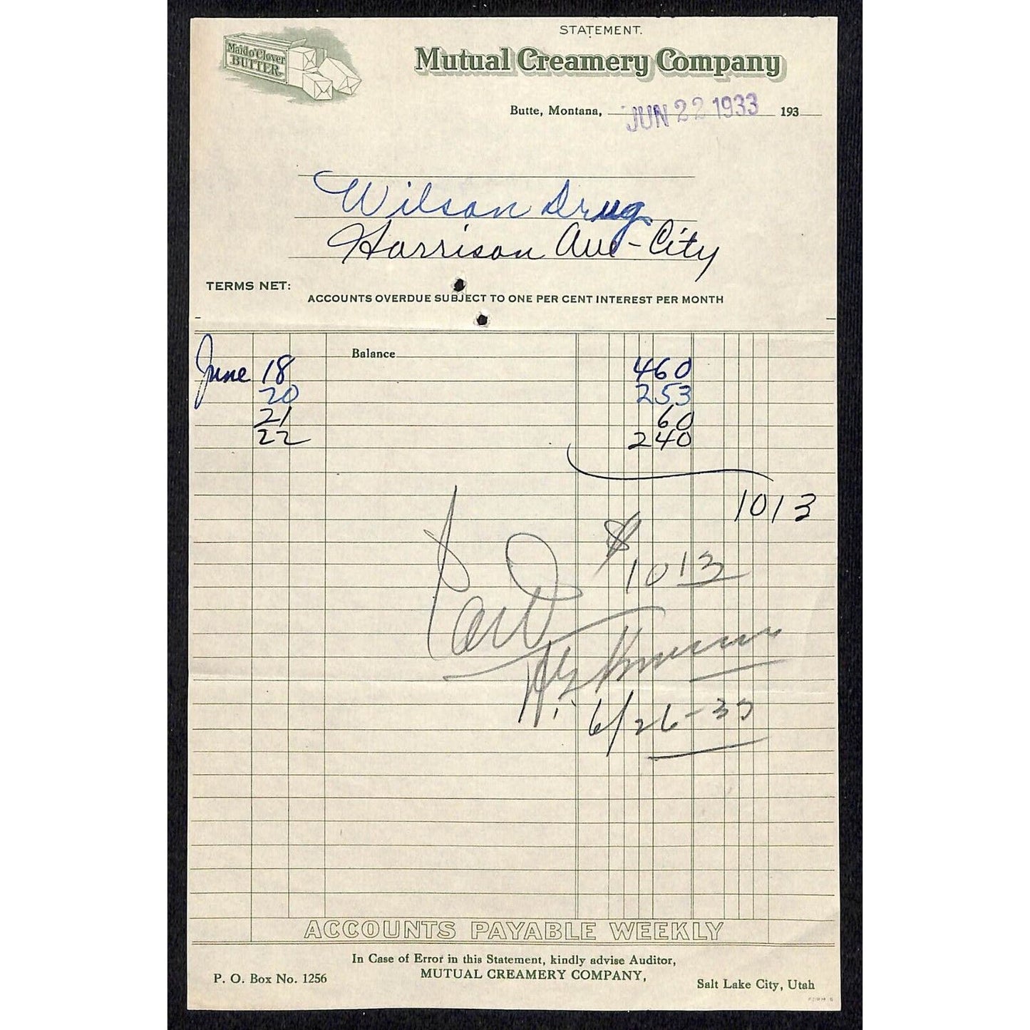 Mutual Creamery Co. Butter Butte Montana c1933 Billhead Letterhead - Wilson Drug