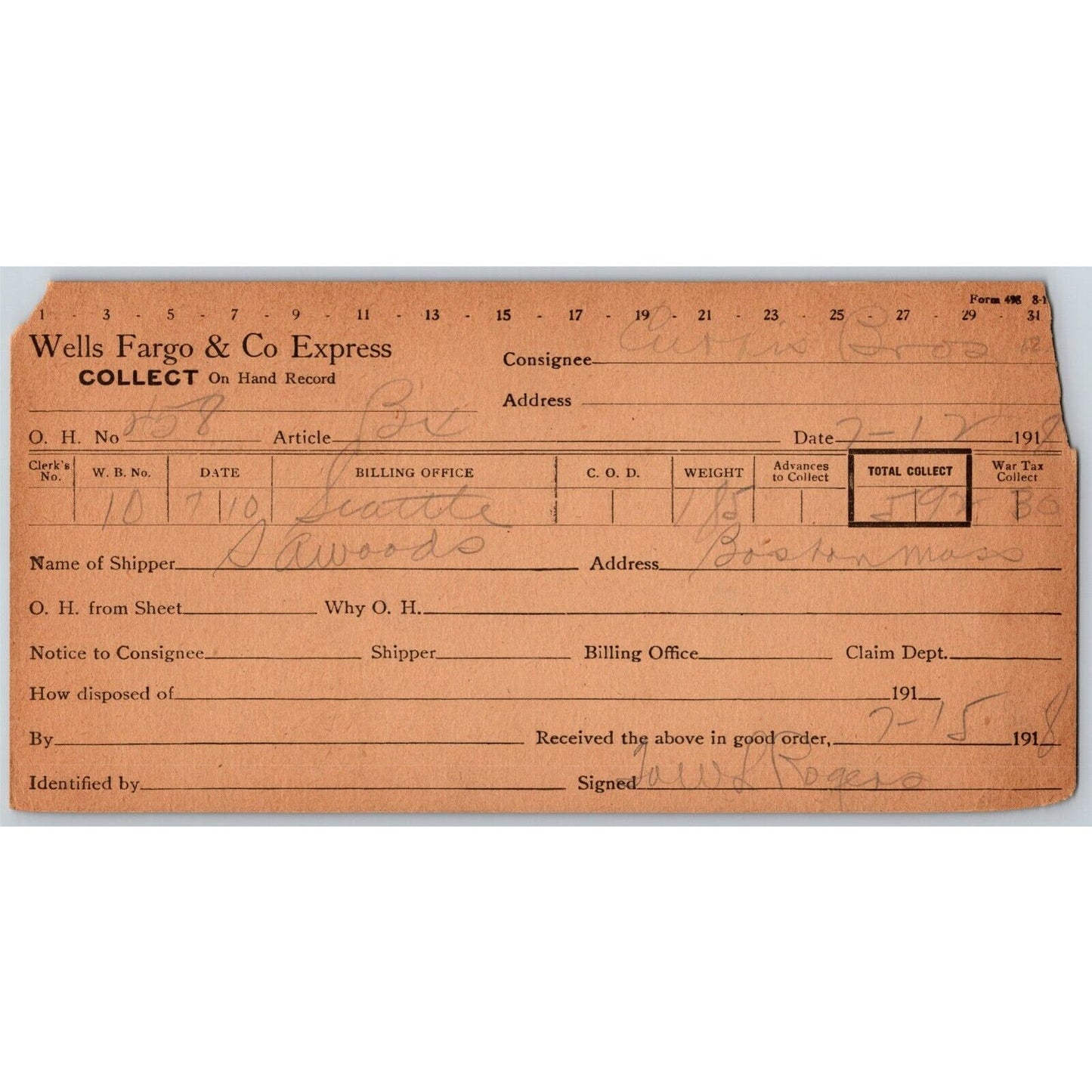 1918 Wells Fargo & Co Express - Manila "Collect" Card