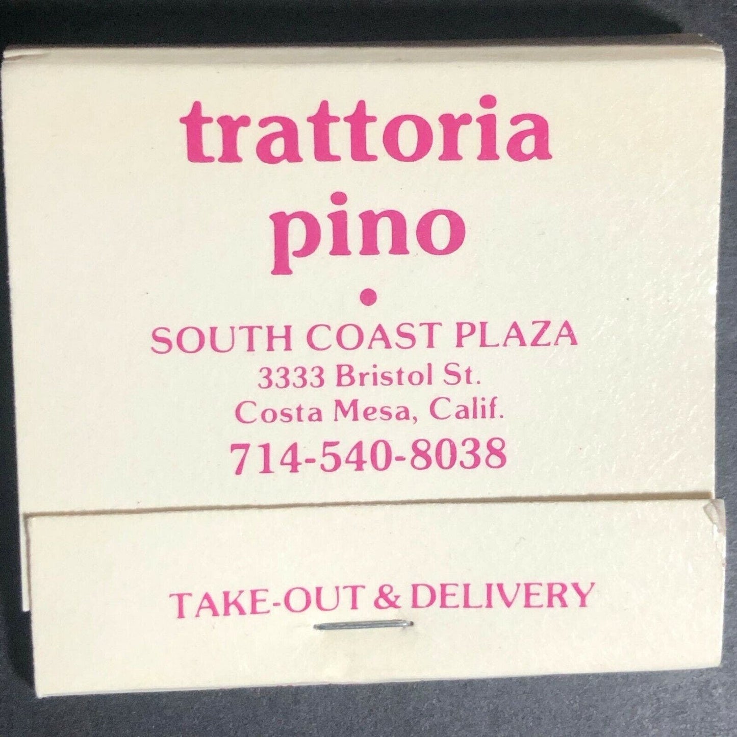 Vintage c1990's Full Matchbook "Trattoria Pino - Costa Mesa, CA Third Ave., NYC"