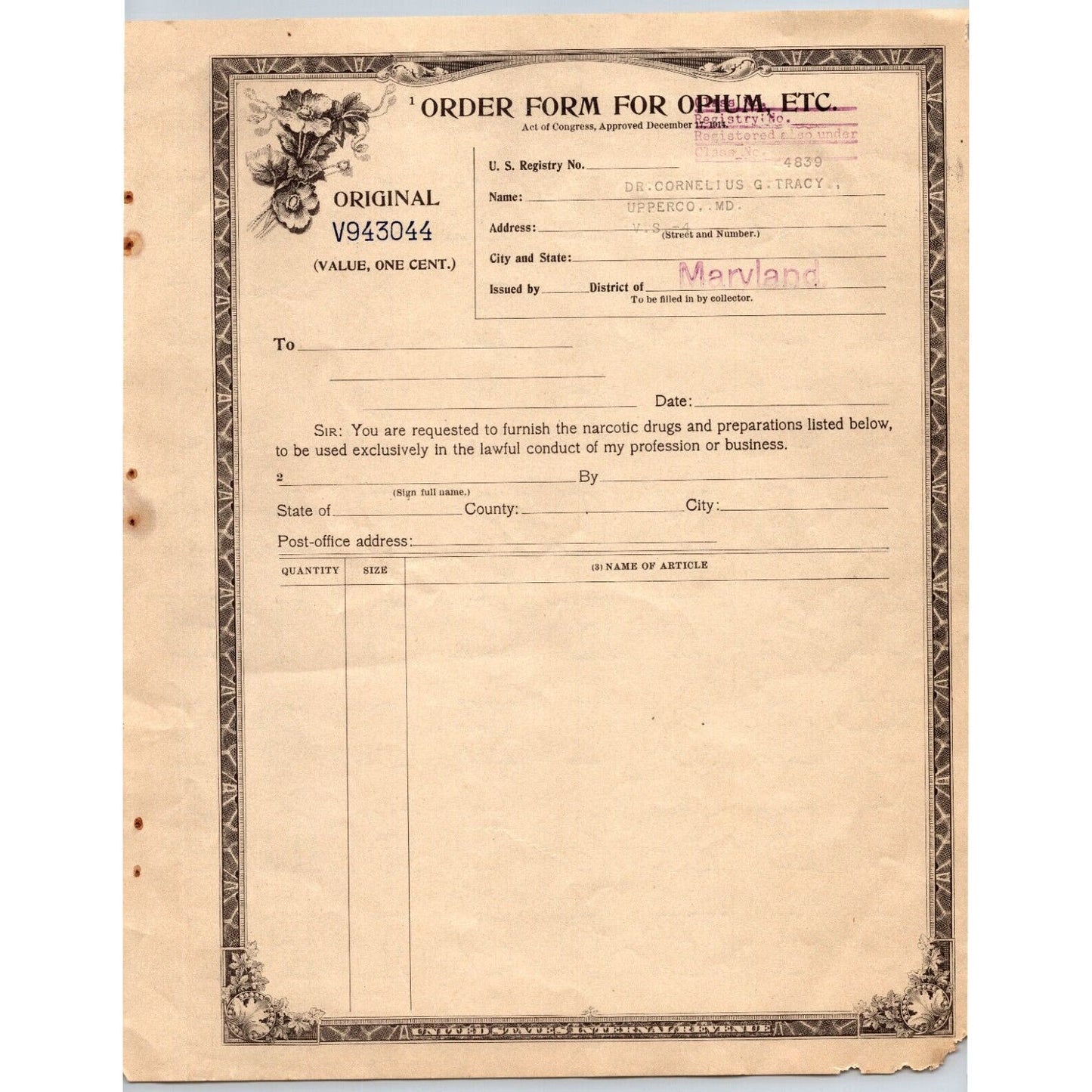 Opium / Narcotic Order Form - Original IRS Issued in Maryland c1922 V943044