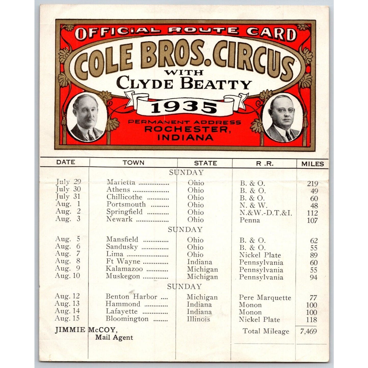 1935 Cole Bros with Clyde Beatty Circus Route Card OH IN MI IN IL