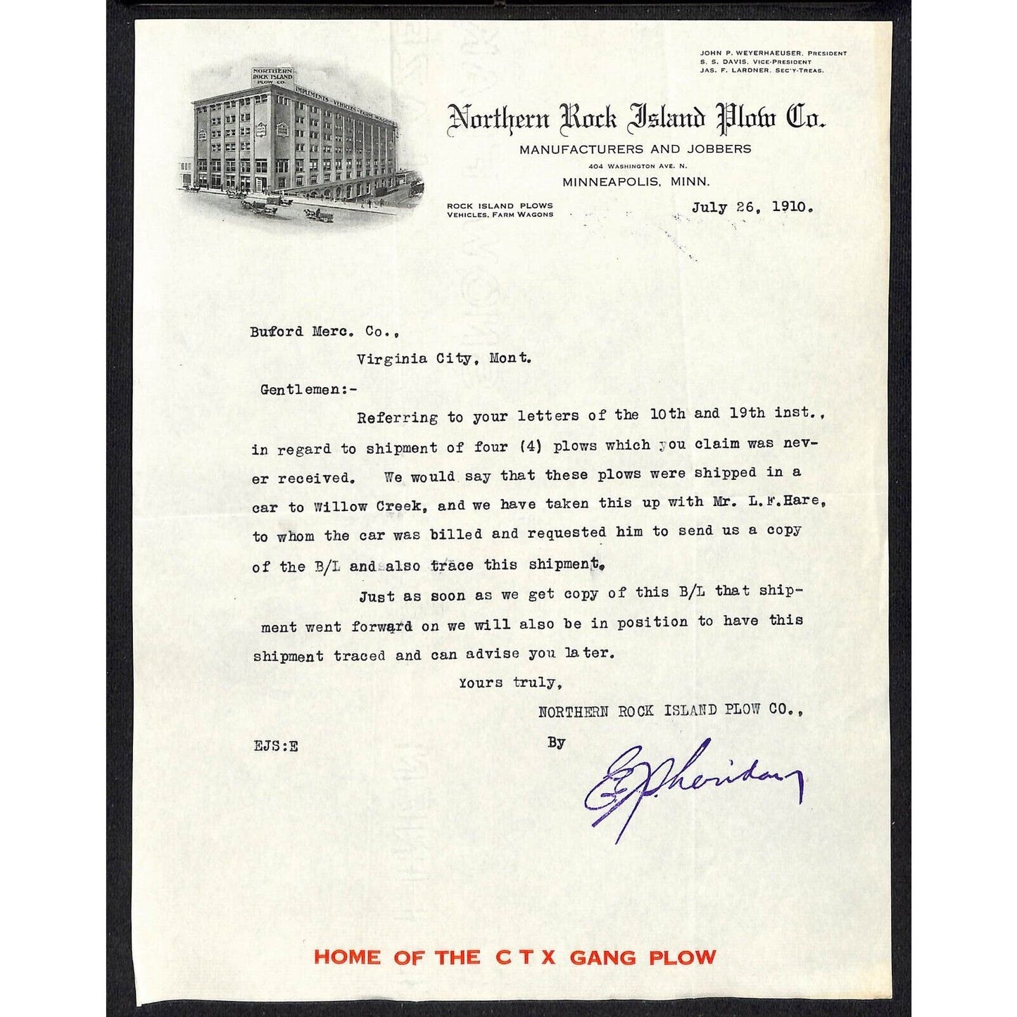 Northern Rock Island Plow Co. Minneapolis 1910 Letterhead Buford* re: Order
