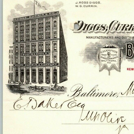 1901 Letterhead Billhead Diggs Currin Boots Shoes Baltimore - Ephraim Baker*