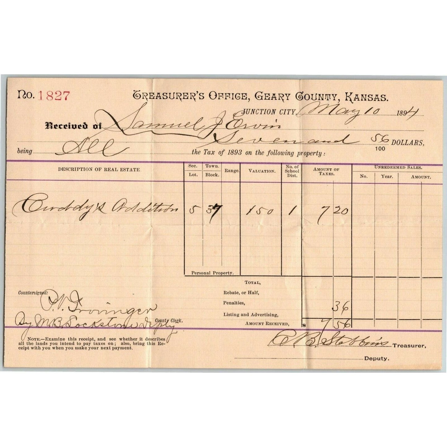 1894 Tax Receipt for Additions Junction City, Geary County, Kansas Document