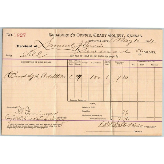 1894 Tax Receipt for Additions Junction City, Geary County, Kansas Document