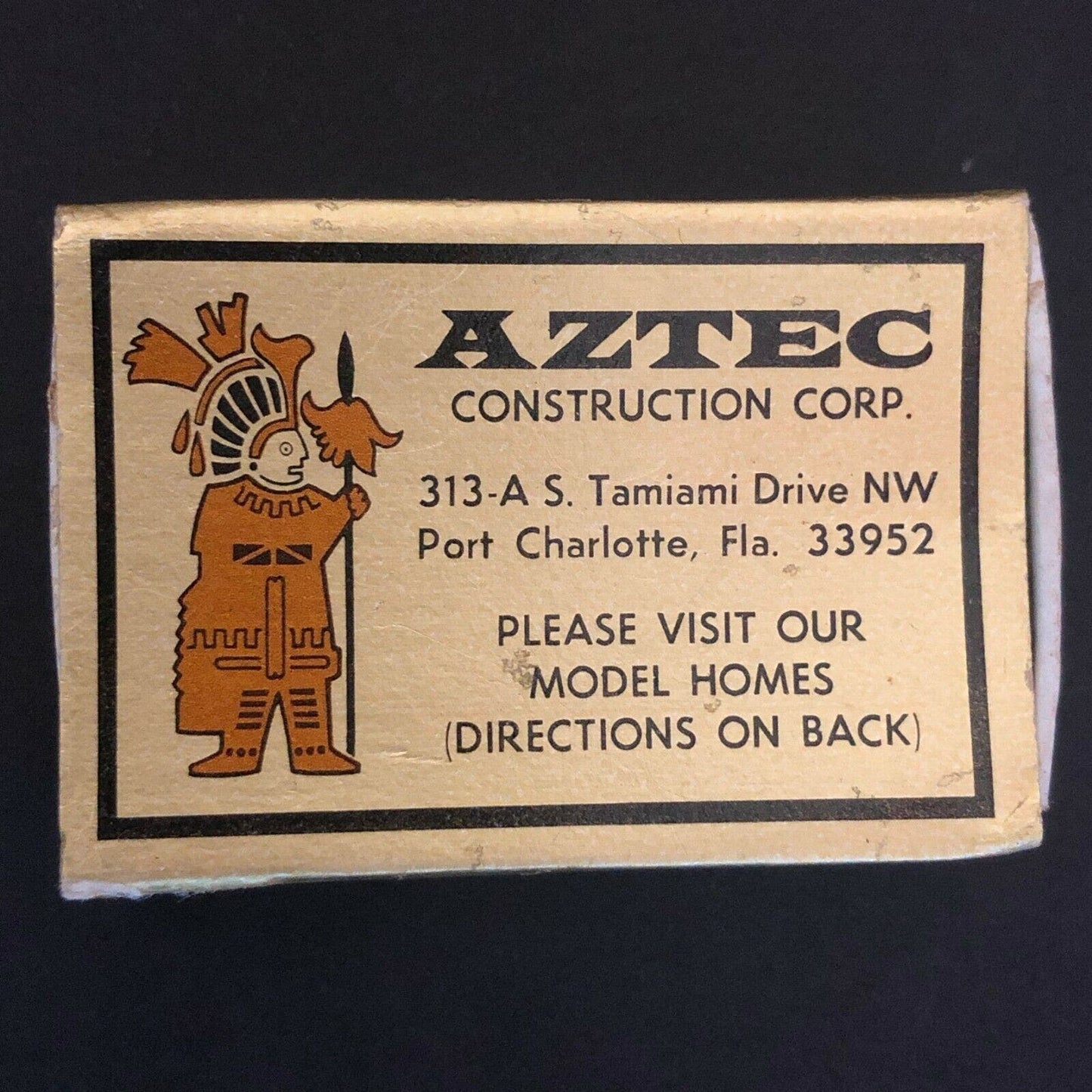c1970's-80's Wooden Matchbox Matchbook "Aztec Construction" Port Charlotte, FLA