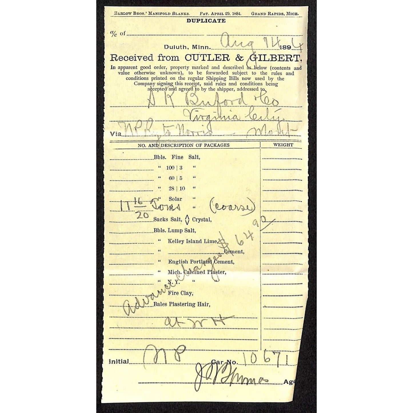 Duluth, MN Cutler & Gilbert / S.R. Buford 1894 Shipping Receipt - Billhead