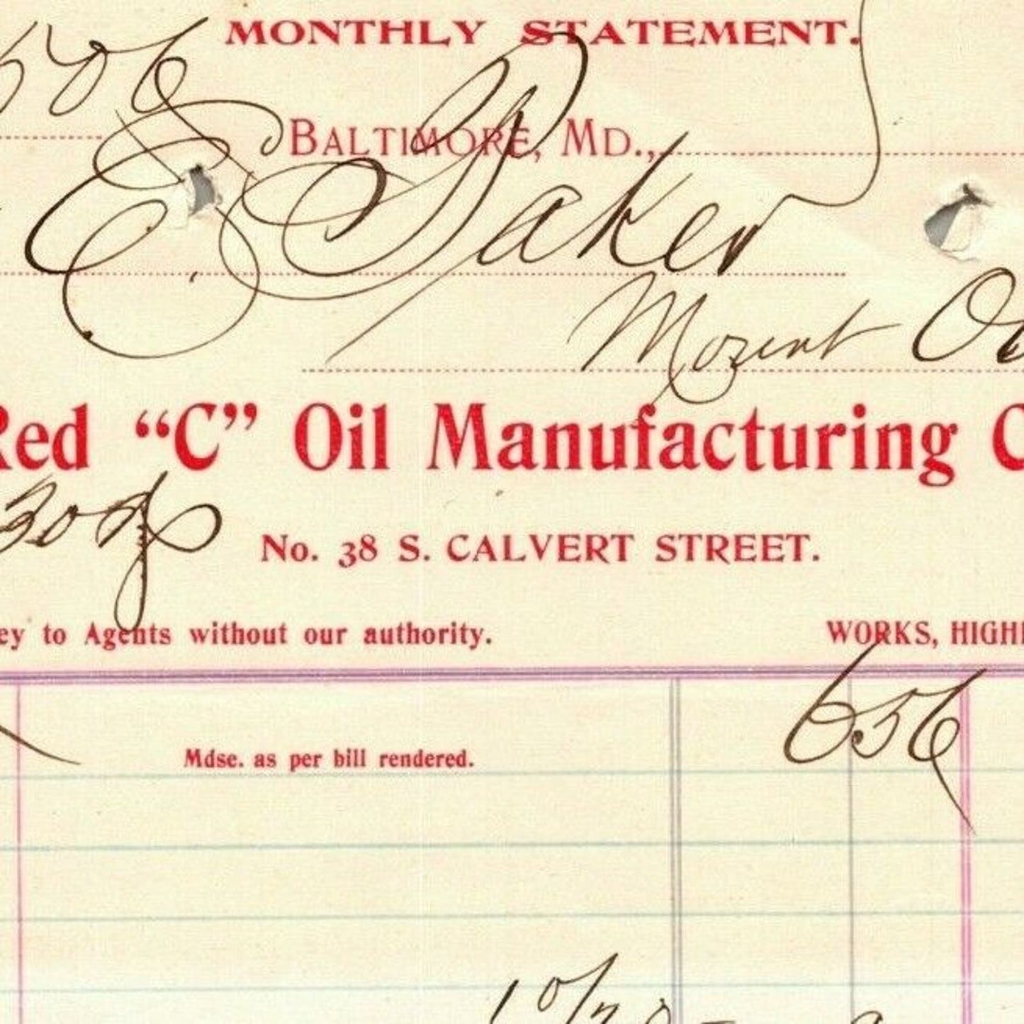 1899 Letterhead Statement Red "C" Oil Mfg. Co. Baltimore - Ephraim Baker*