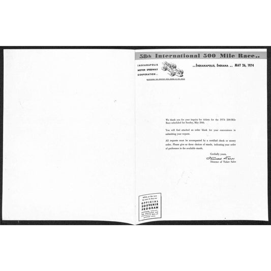 1974 Indy 500 Indianapolis IMS Unused Ticket Info Order Form Sheet w/ Map Scarce
