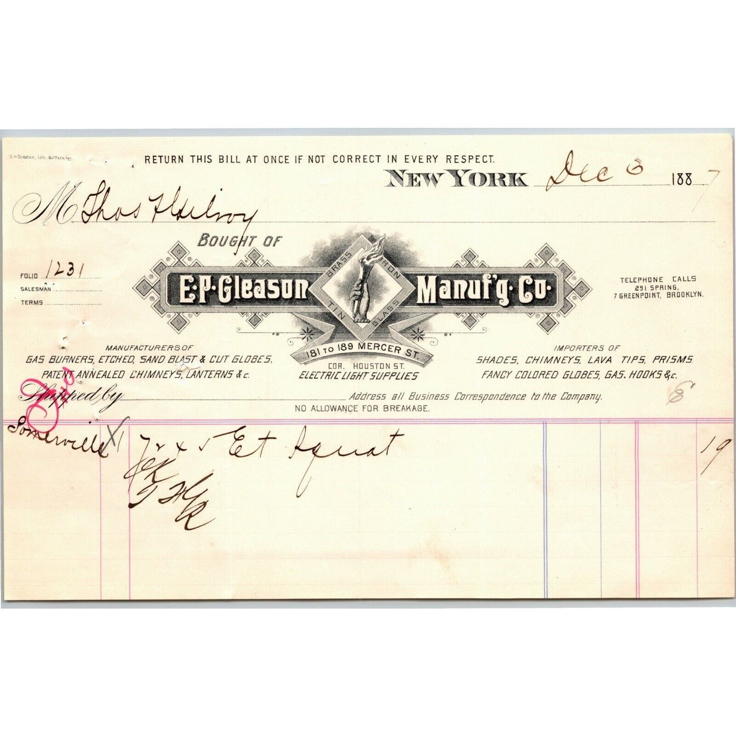 Dec 6 1887 "E. P. Gleason" Cut Glass Globes Billhead Letterhead Mercer St NYC