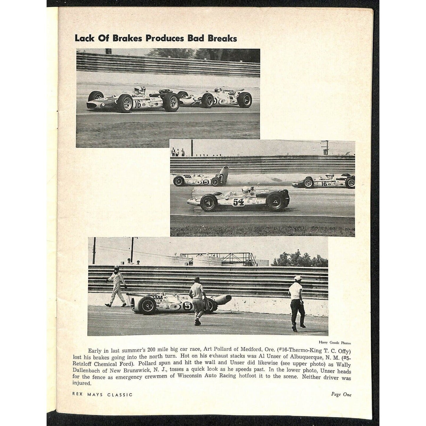 Scarce Jun 9 1968 USAC Rex Mays Classic Auto Racing Program Wisconsin Speedway