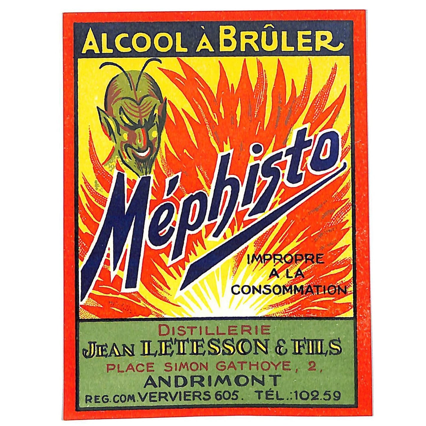 Mephisto Alcool a Bruler Paper Alcohol Label NOS VGC Jean Letesson & Fils